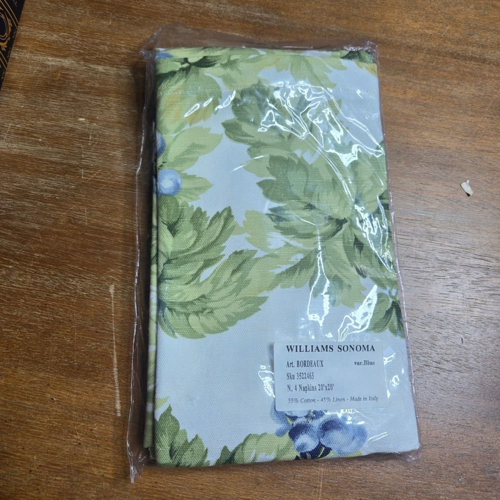Williams Sonoma Bordeaux Blue Linen Cotton Napkins Set of 4 Italy 20"x20"‎ NIP